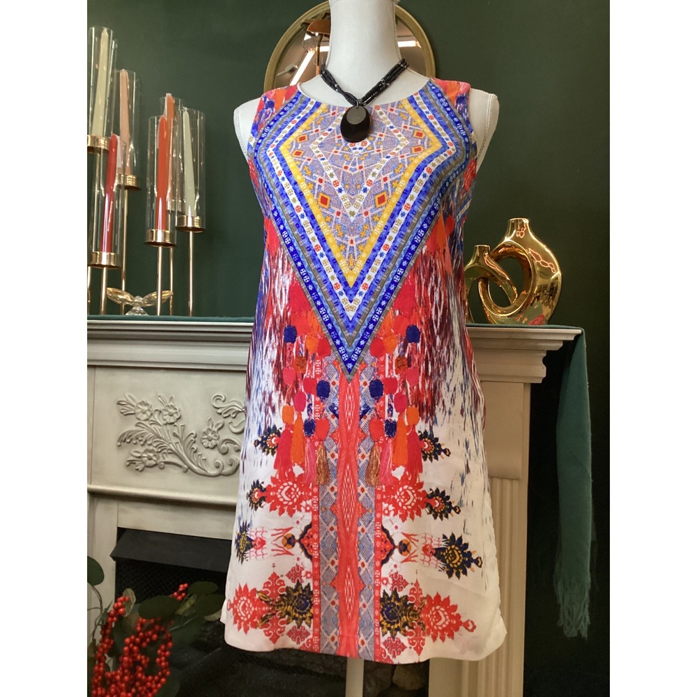 GB Gianni Bini Shift Dress Womens XS Multicolor Geometric Boho Mini with Pockets